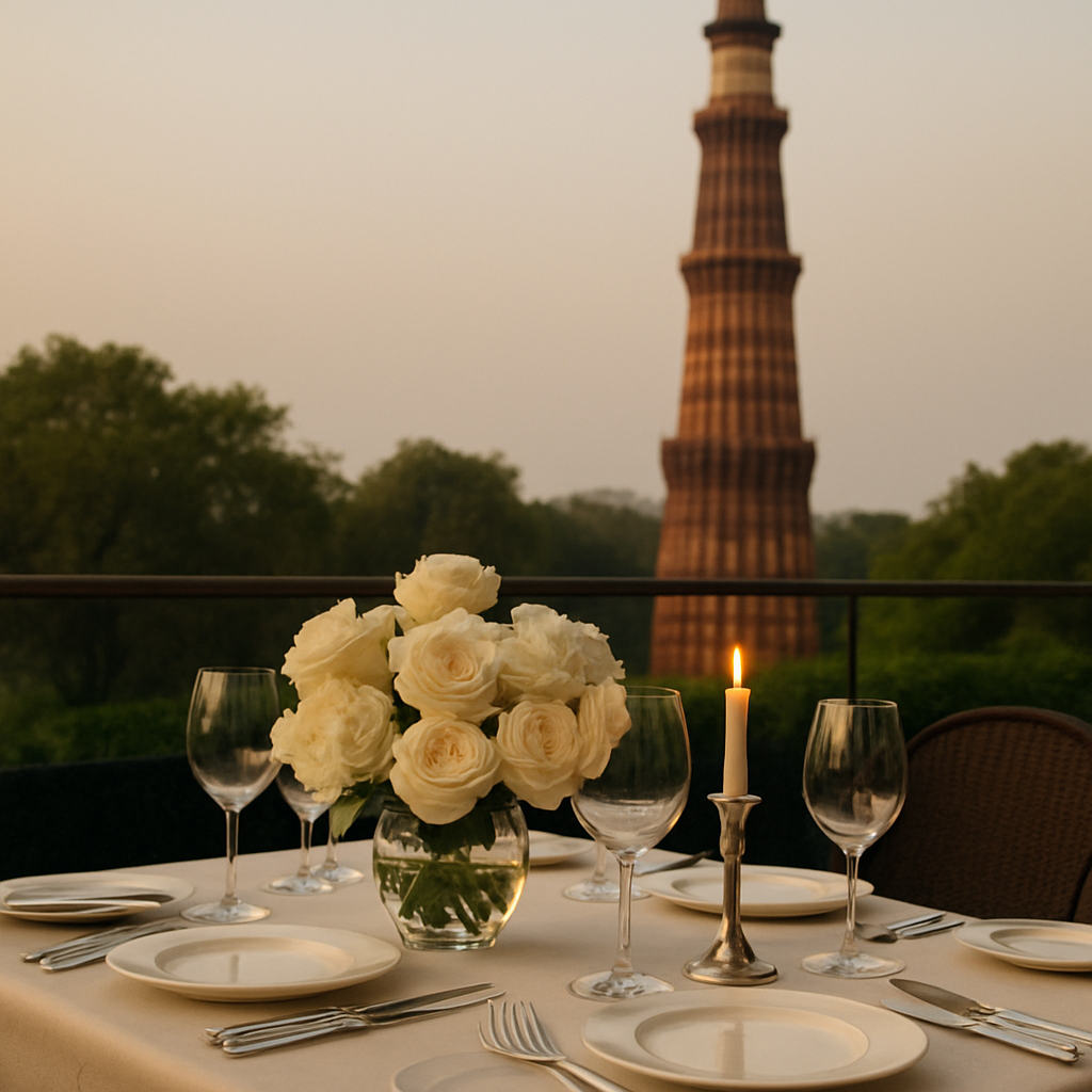 Elegant fine dining setup overlooking the Qutub Minar in New Delhi