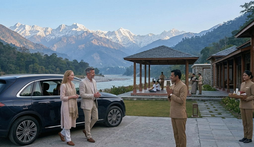 Travelers arriving at a secluded Himalayan heritage retreat for wellness and restoration, a signature of our high-end India tours.