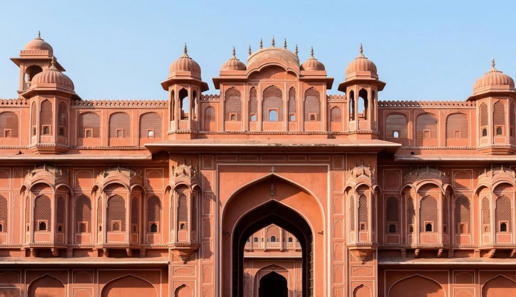 Intricate Jaipur architecture and vibrant sandstone gateway at dawn.