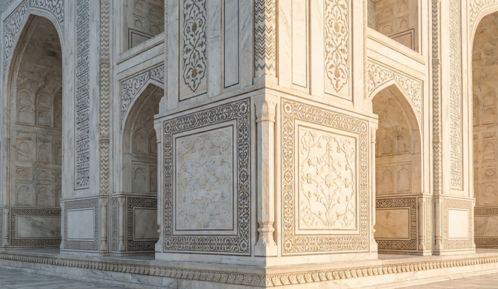 Intricate floral patterns and the taj mahal marble used for the world-famous pietra dura inlay.