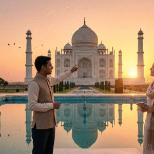 A private heritage specialist explaining the history of the Taj Mahal at sunrise during one of our bespoke luxury travel India tours.