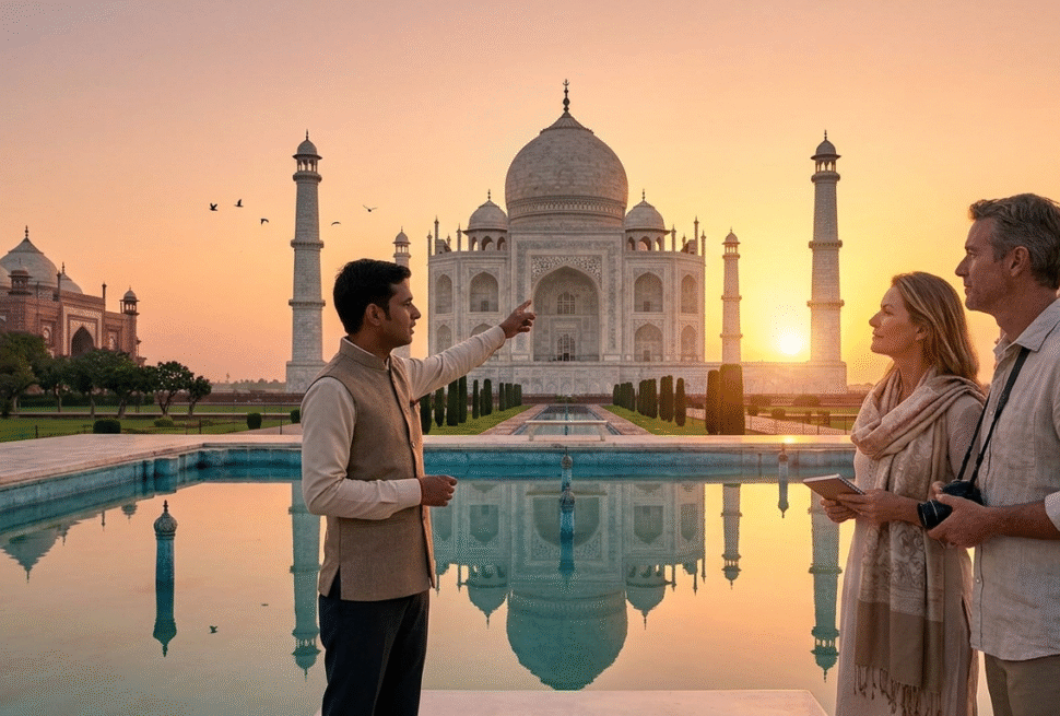 A private heritage specialist explaining the history of the Taj Mahal at sunrise during one of our bespoke luxury travel India tours.