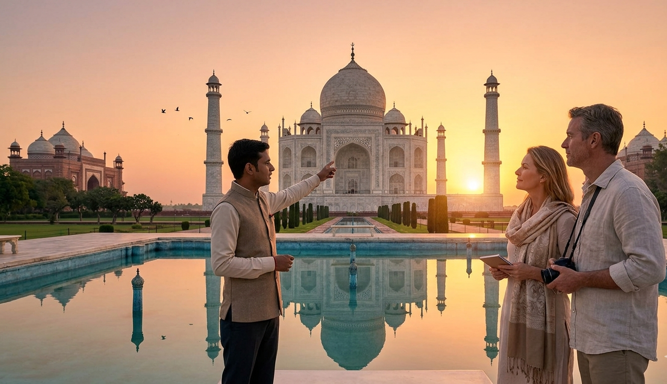 A private heritage specialist explaining the history of the Taj Mahal at sunrise during one of our bespoke luxury travel India tours.