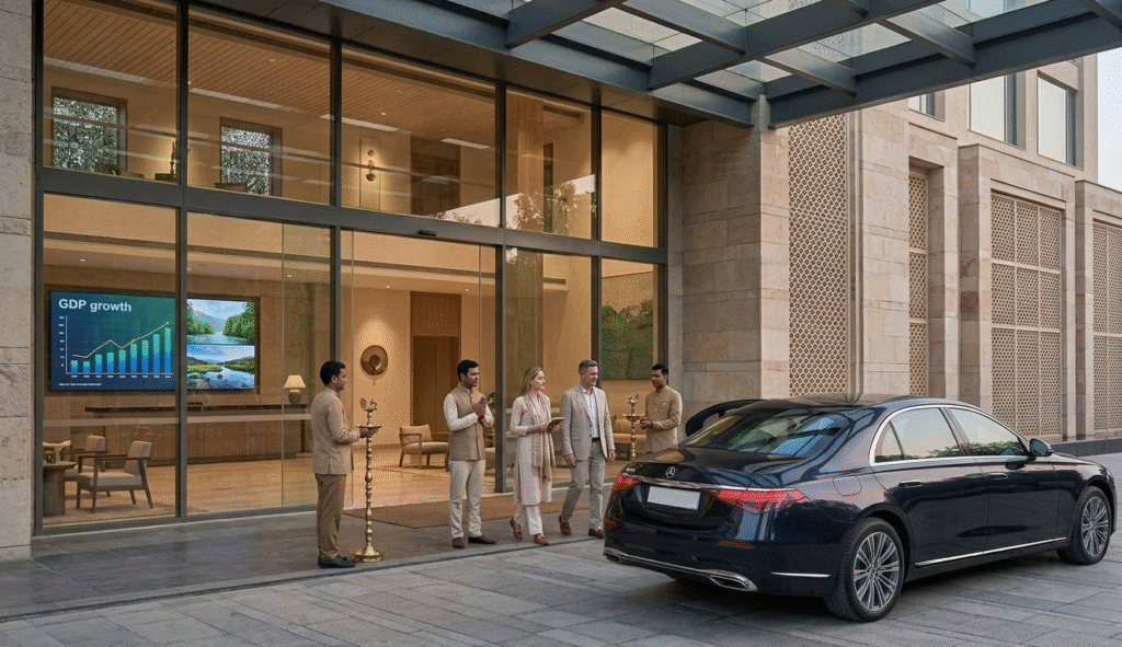 High-end travelers arriving at a premium Delhi NCT hotel in a luxury sedan, highlighting the growth of luxury travel India.