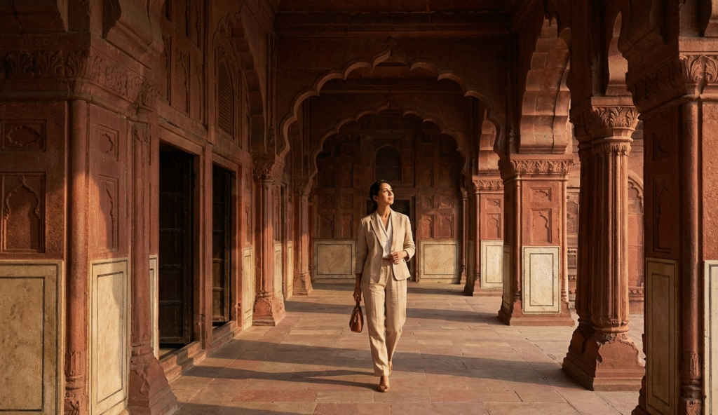 A sophisticated traveler exploring the architectural depth of the Mughal-era Red Fort in Delhi during a heritage journey.