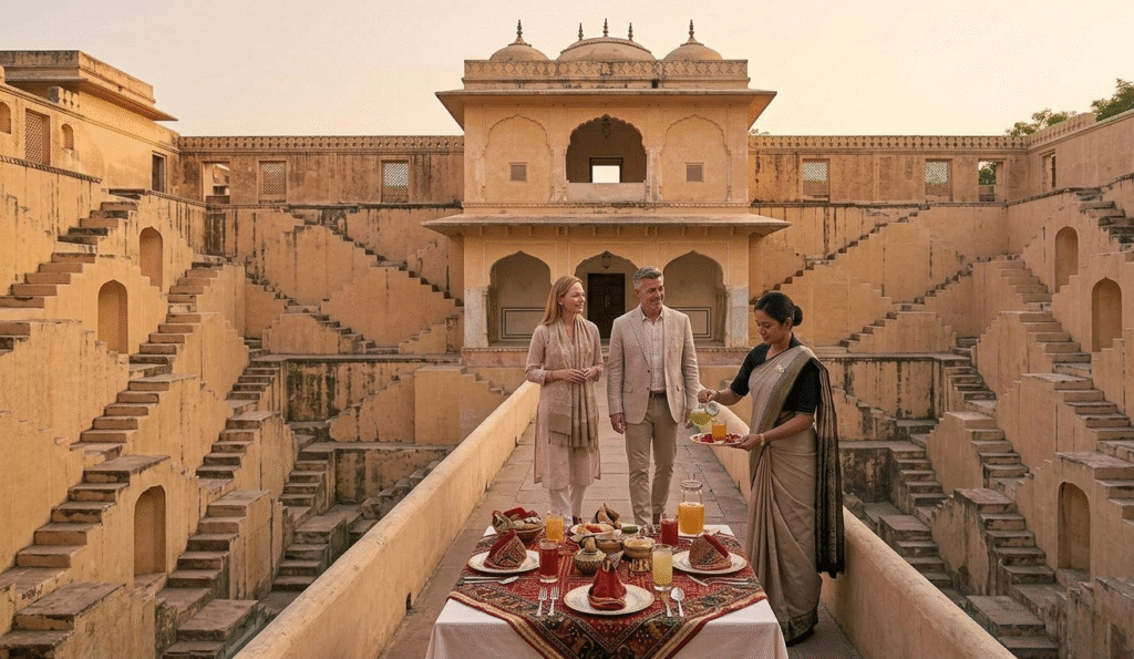 A luxury sundowner experience with traditional refreshments at the geometric Panna Meena Kund stepwell near the Amber Palace Jaipur.