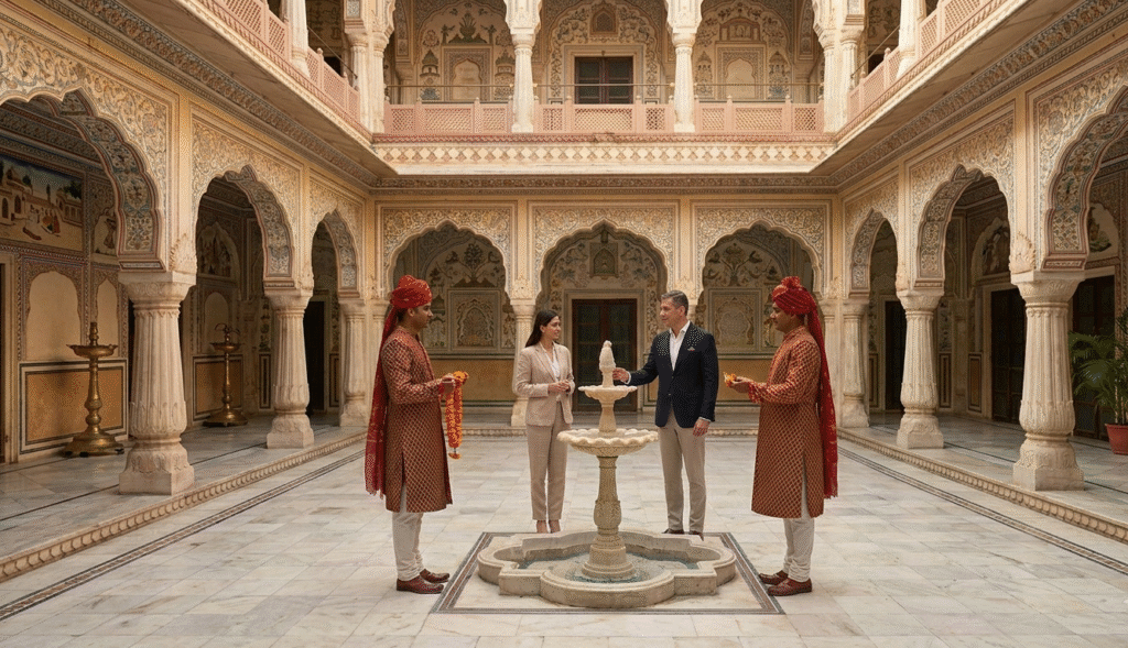 The opulent inner courtyard of a heritage palace hotel in Jaipur, Rajasthan, illustrating high-end luxury travel India hospitality.