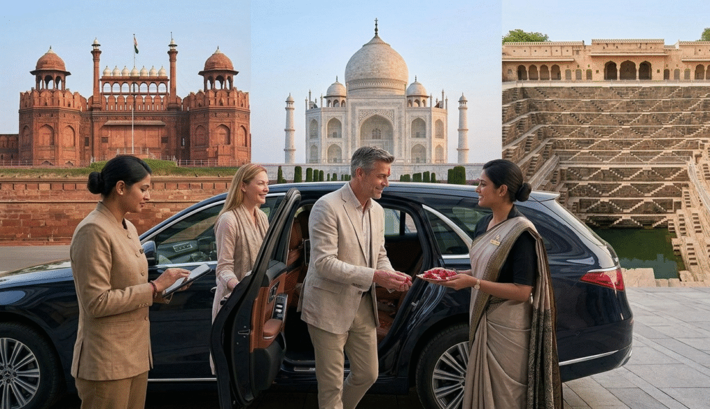 Professional chauffeur welcoming guests to a luxury vehicle in front of a backdrop showing the Delhi Red Fort and Jaipur stepwells.