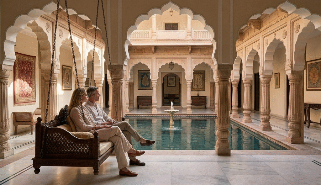 Couple enjoying a serene moment in a luxury heritage palace courtyard, reflecting the essence of quiet heritage journeys in Rajasthan.