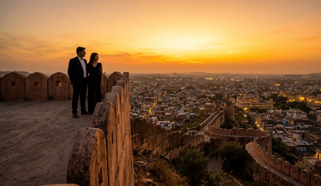 Sunset over the illuminated city of Jaipur, seen from Nahargarh Fort ramparts.