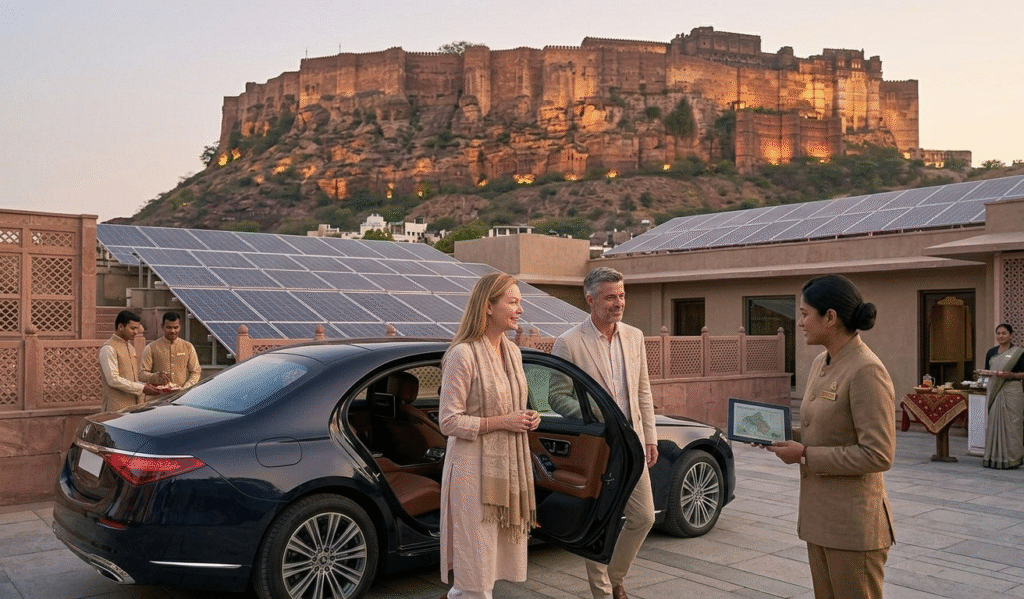 A luxury heritage hotel in Rajasthan featuring solar panel installations, representing the future of sustainable tourism India.