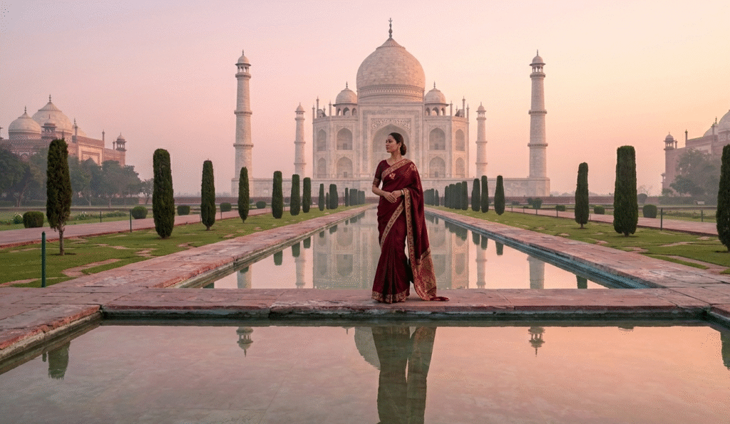 A solitary traveler in an elegant saree witnessing the flawless reflection of the Taj Mahal during a sunrise tour in Agra city.