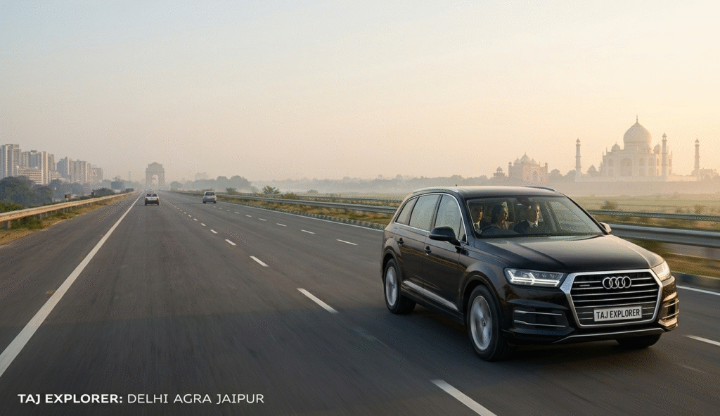A premium Taj Explorer SUV on the high-speed Yamuna Expressway, showcasing seamless luxury travel from Delhi to Agra India