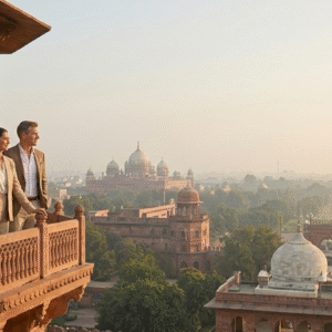 A luxury travel couple on a heritage balcony looking over the New Delhi skyline, symbolizing the start of their Golden Triangle tour India.