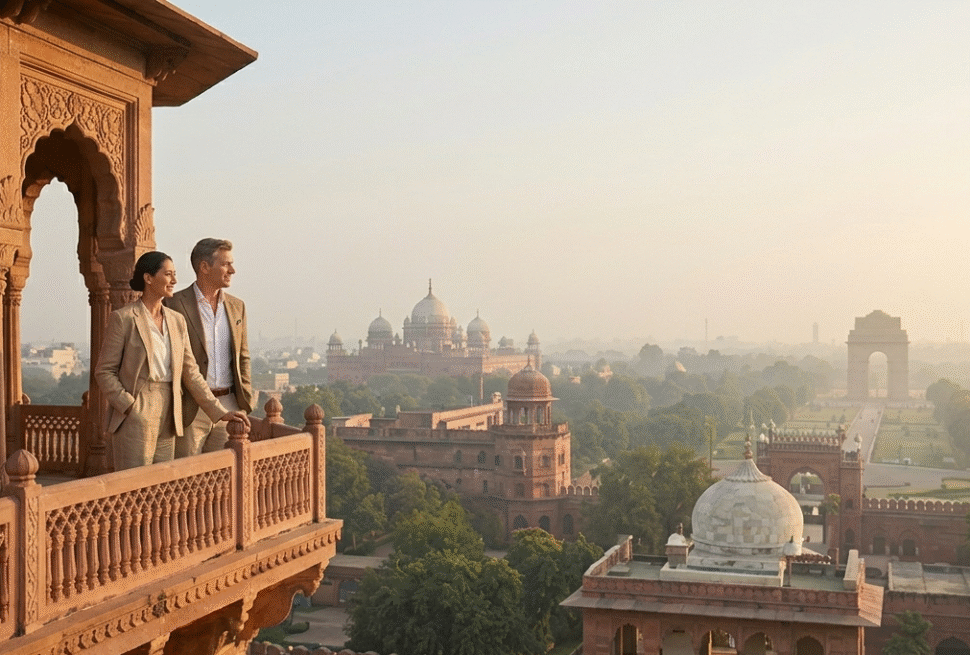 A luxury travel couple on a heritage balcony looking over the New Delhi skyline, symbolizing the start of their Golden Triangle tour India.