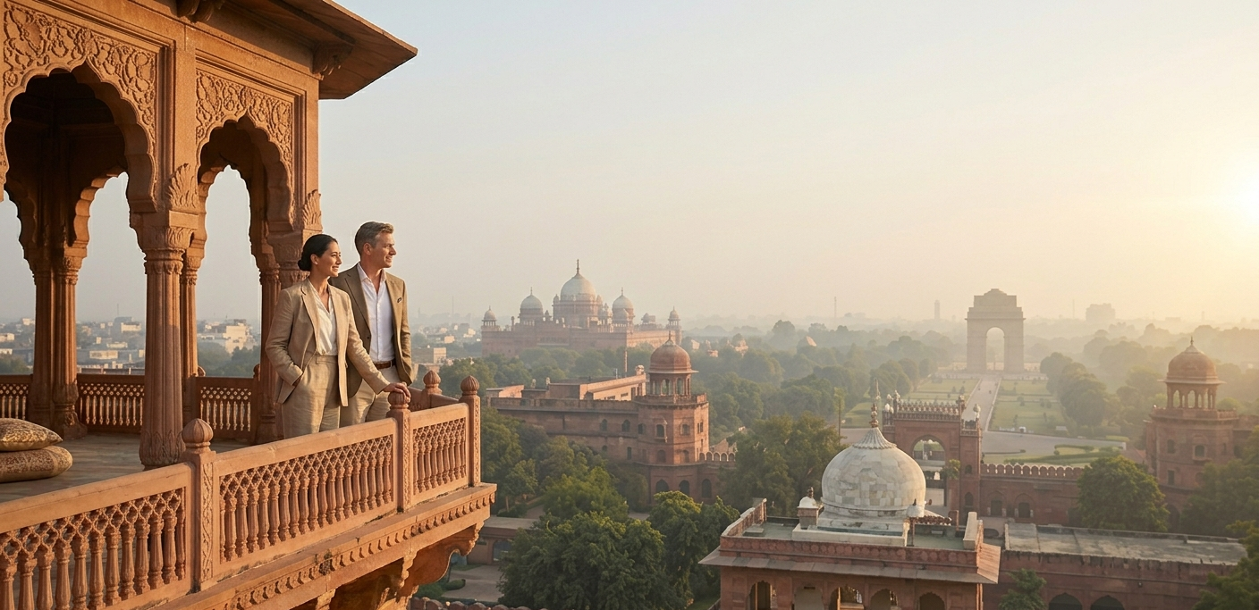 A luxury travel couple on a heritage balcony looking over the New Delhi skyline, symbolizing the start of their Golden Triangle tour India.