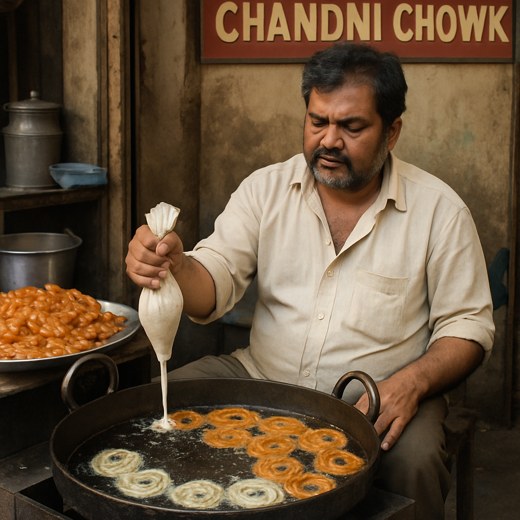 
A local street food vendor in Chandni Chowk frying fresh jalebis
