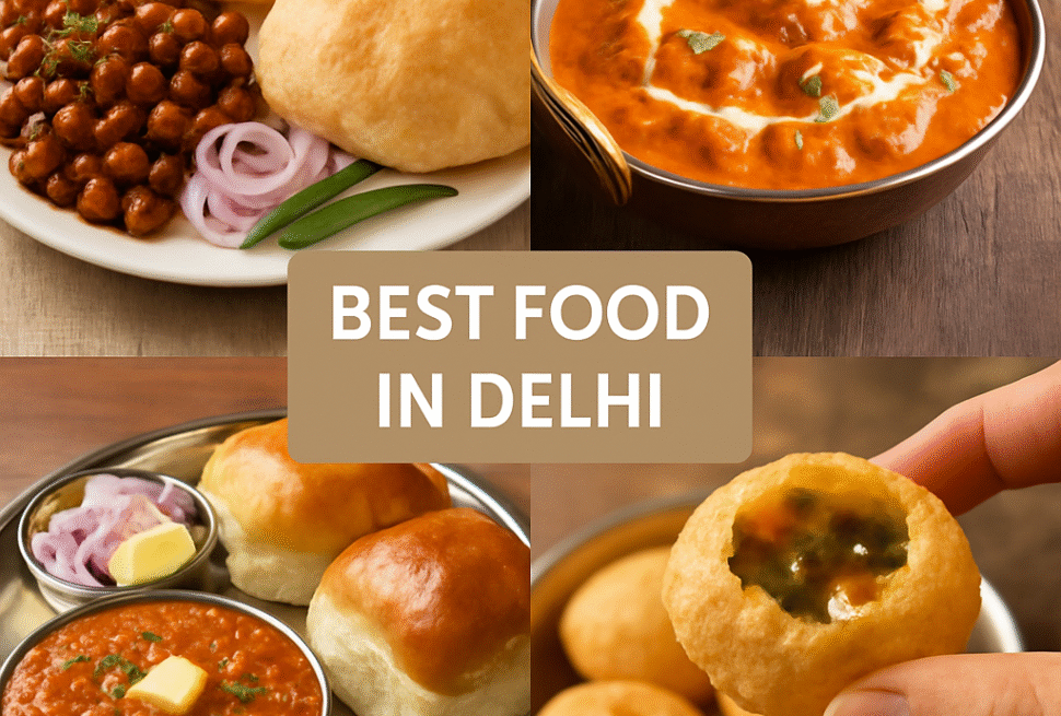A vibrant spread of traditional North Indian dishes including curries, naan, and chutneys, showcasing the rich culinary heritage of Delhi.