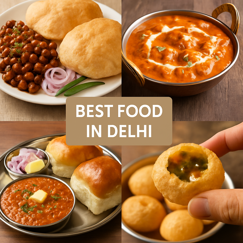 A vibrant spread of traditional North Indian dishes including curries, naan, and chutneys, showcasing the rich culinary heritage of Delhi.