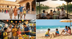A collage of diverse travel experiences in India and abroad, showcasing various family trip packages for all budgets.