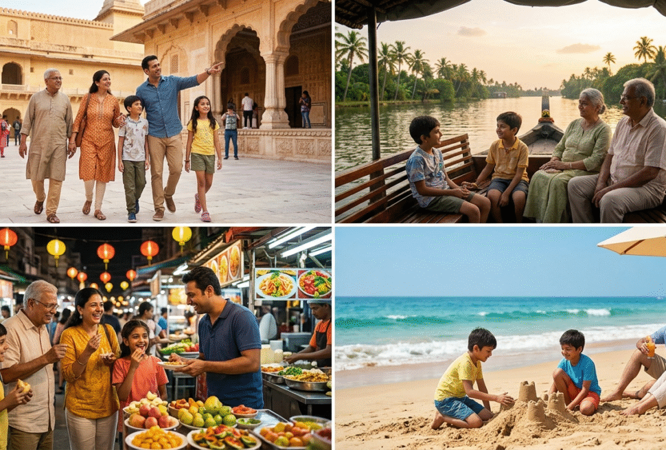 A collage of diverse travel experiences in India and abroad, showcasing various family trip packages for all budgets.