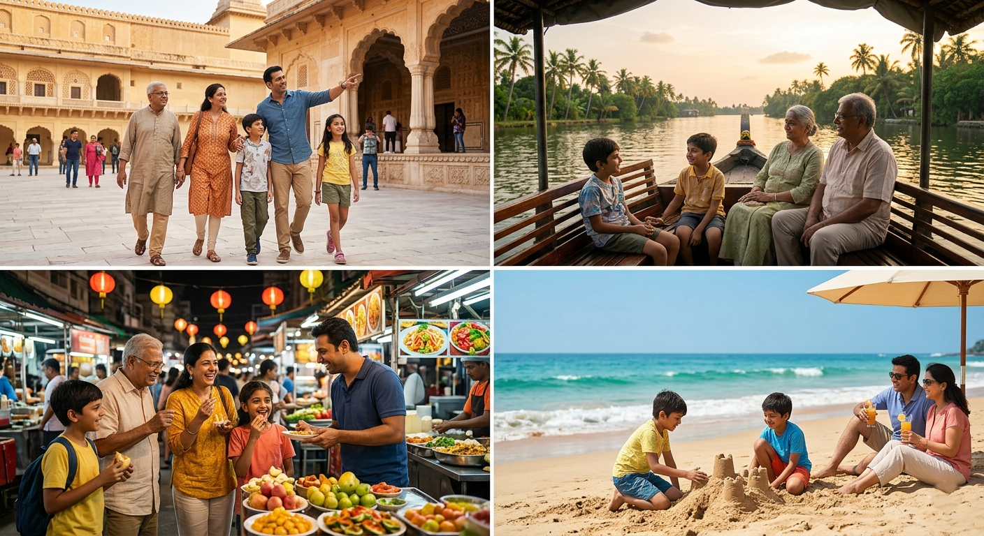 A collage of diverse travel experiences in India and abroad, showcasing various family trip packages for all budgets.
