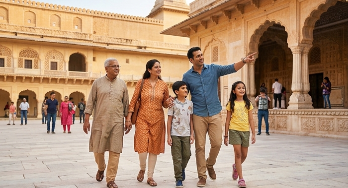 Multi-generational Indian family exploring a historic Rajasthani palace during one of their Family Trip Packages in India.