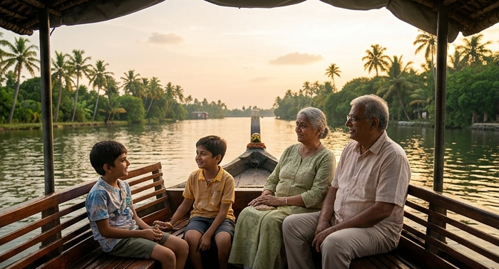 Grandparents and children enjoying a peaceful sunset boat ride in Kerala backwaters as part of their Family Tour.