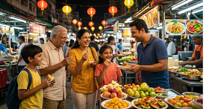 A happy family sampling local street food at a vibrant night market while on their family holidays.