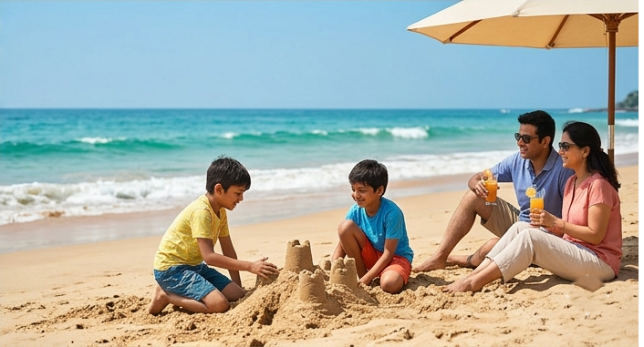 Parents relaxing under an umbrella while kids build sandcastles on a tropical beach, highlighting affordable Family Vacation Packages.