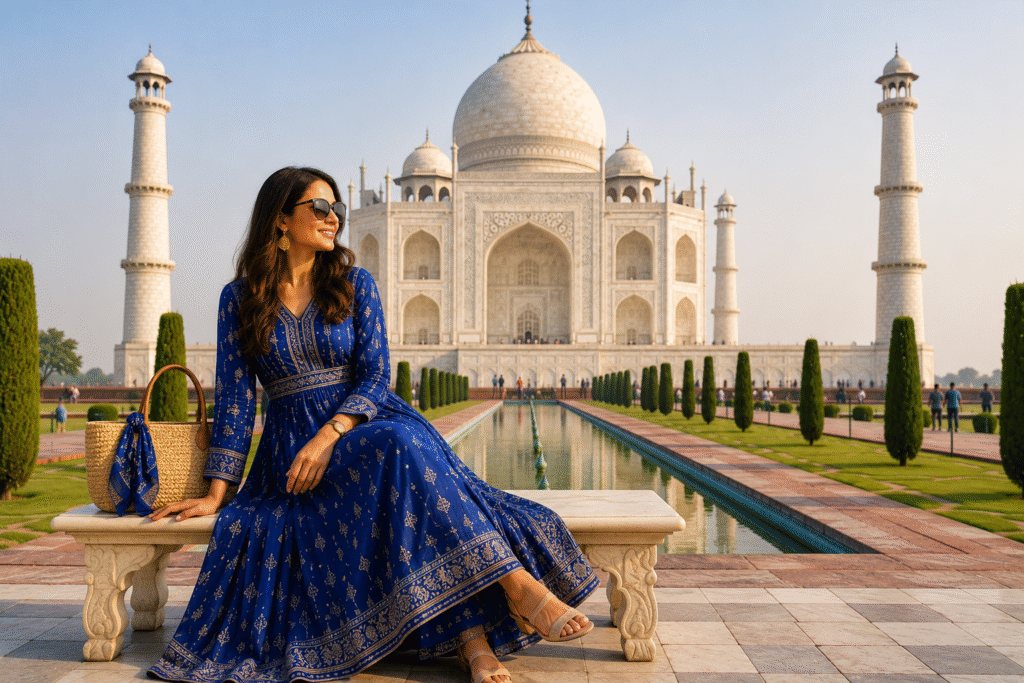 Best outfit for Taj Mahal photos in traditional blue dress