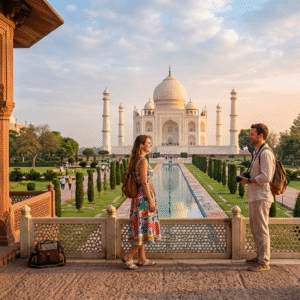 A vibrant photograph capturing a diverse landscape and cultural experiences included in India travel packages, featuring the majestic Taj Mahal in Agra, a houseboat cruising through the lush Kerala backwaters, and an armored elephant procession in Jaipur, all woven together with glowing trails under a warm, inviting sun.