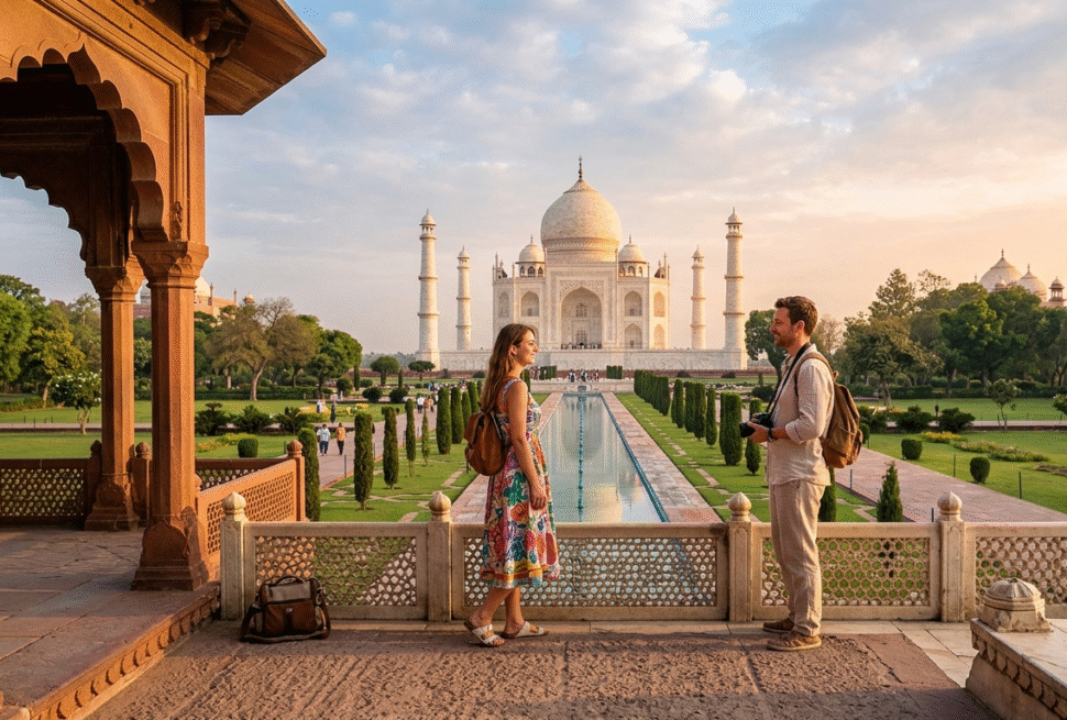 A vibrant photograph capturing a diverse landscape and cultural experiences included in India travel packages, featuring the majestic Taj Mahal in Agra, a houseboat cruising through the lush Kerala backwaters, and an armored elephant procession in Jaipur, all woven together with glowing trails under a warm, inviting sun.