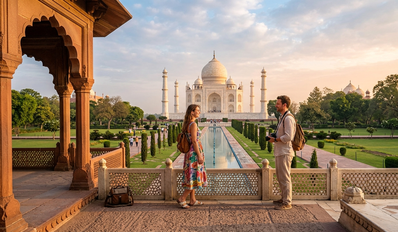 A vibrant photograph capturing a diverse landscape and cultural experiences included in India travel packages, featuring the majestic Taj Mahal in Agra, a houseboat cruising through the lush Kerala backwaters, and an armored elephant procession in Jaipur, all woven together with glowing trails under a warm, inviting sun.