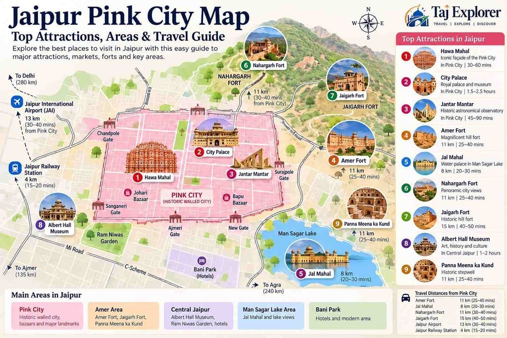 Jaipur Pink City: Complete Travel Guide to the Pink City of India 6 Jaipur Pink City map showing top attractions and travel areas