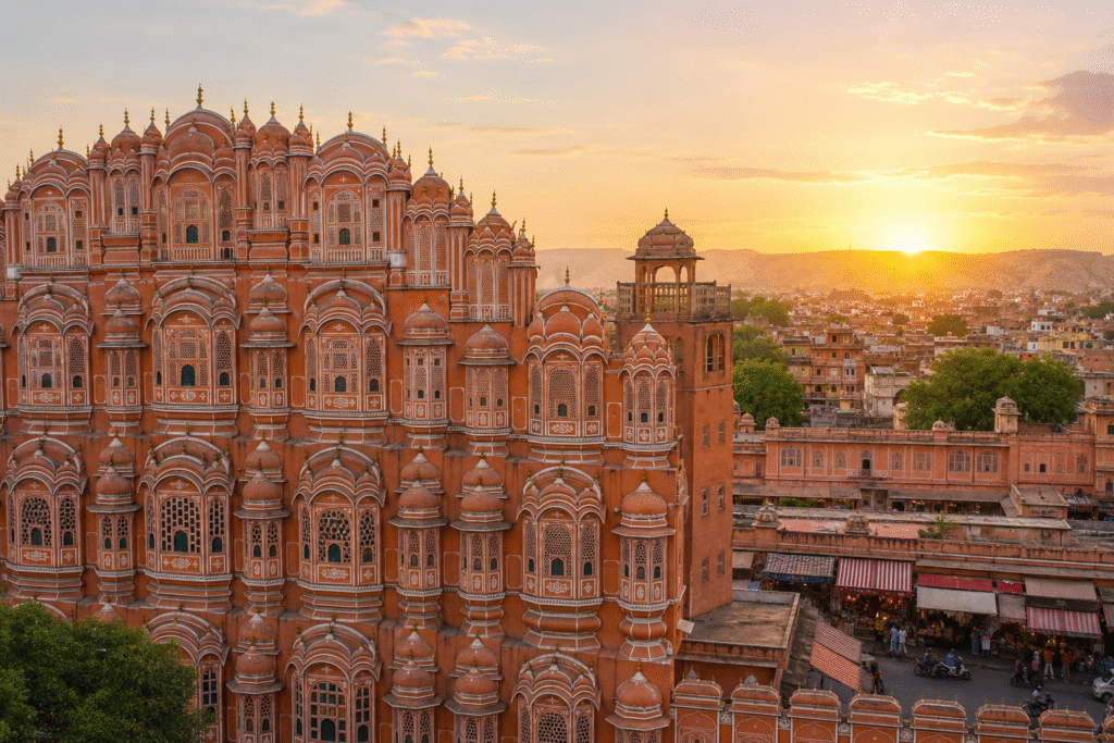 Pink city of Jaipur skyline with beautiful Hawa Mahal during sunset showcasing famous Jaipur attractions in Rajasthan