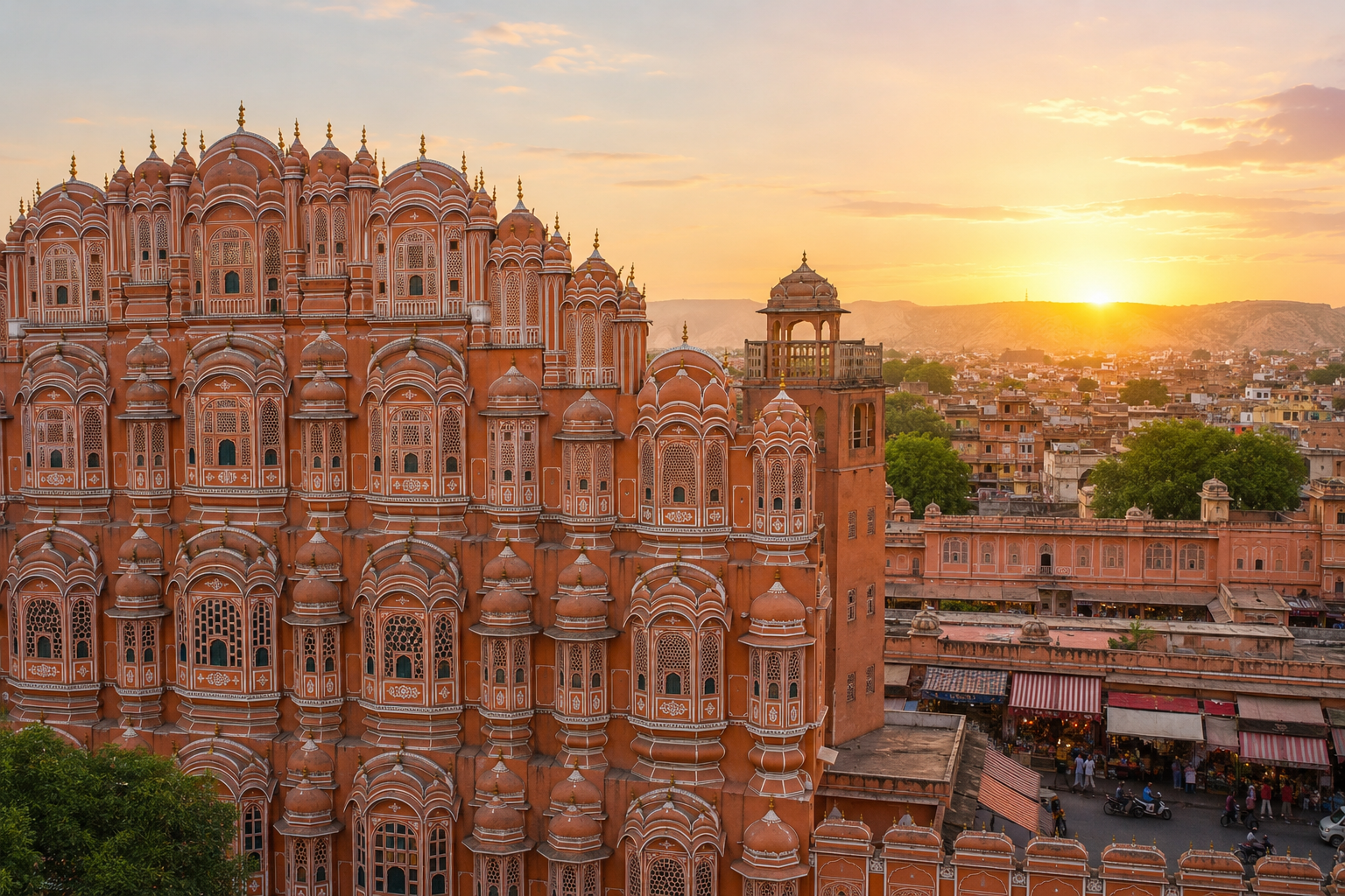 Pink city of Jaipur skyline with beautiful Hawa Mahal during sunset showcasing famous Jaipur attractions in Rajasthan
