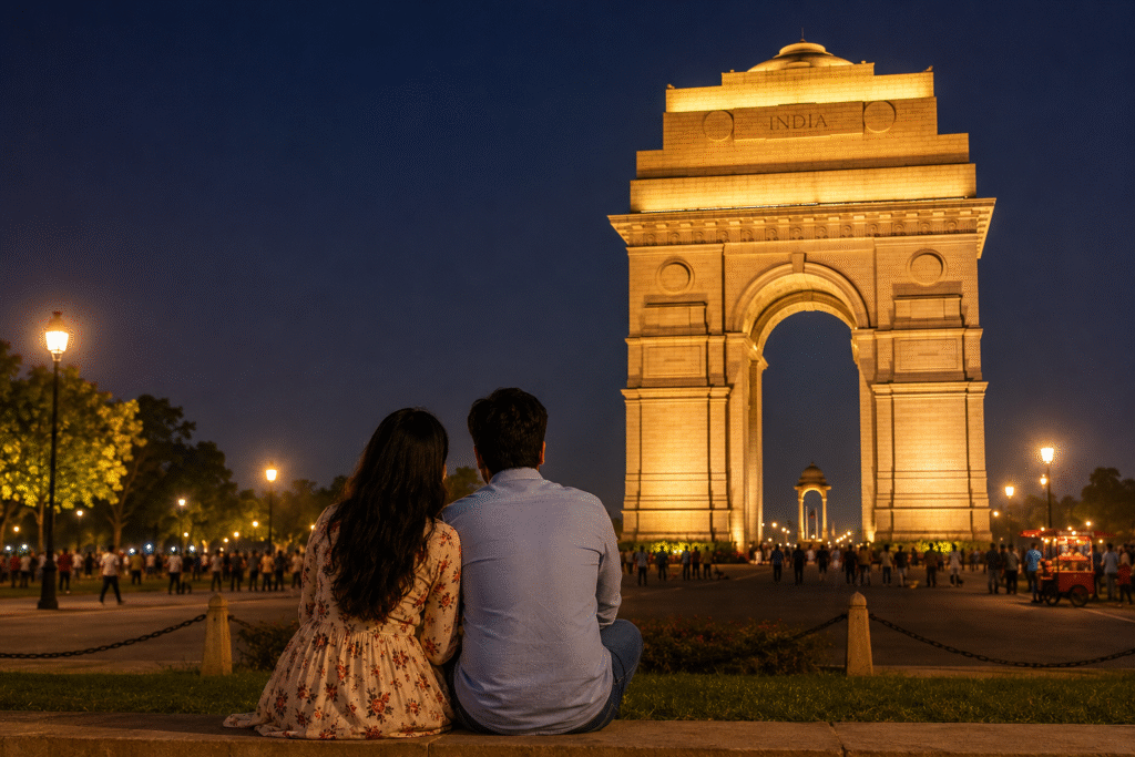 Romantic couple at India Gate Delhi at night