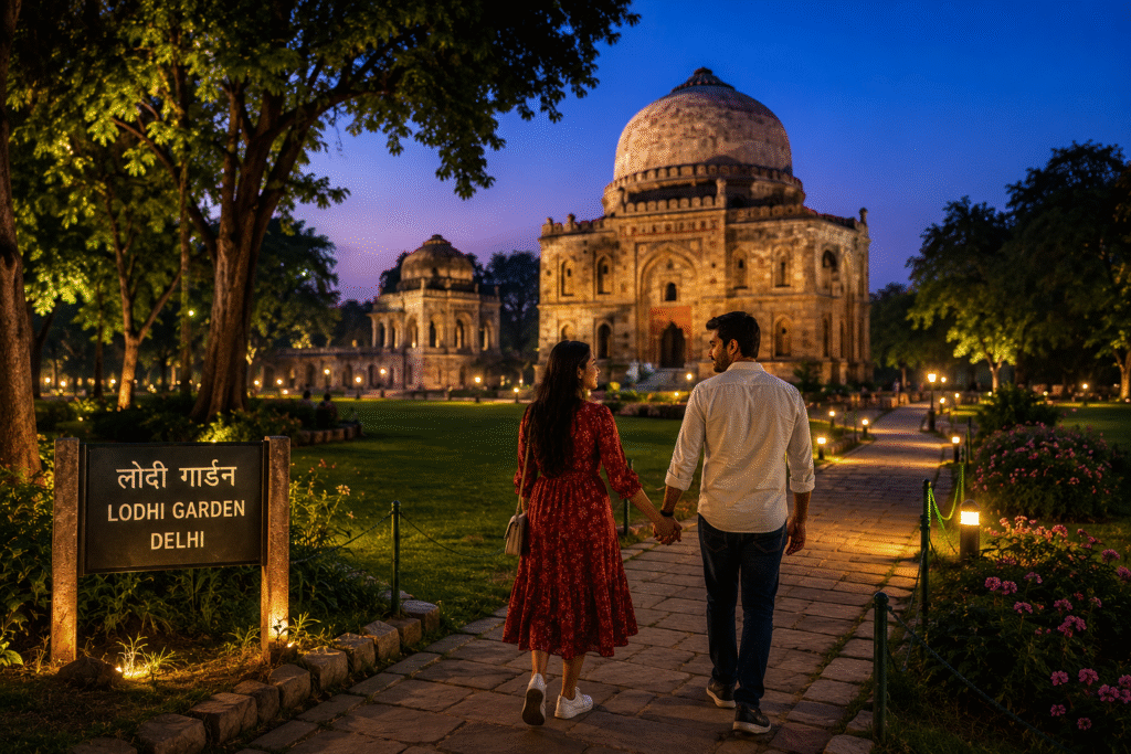 Couple walking in Lodhi Garden Delhi India during evening