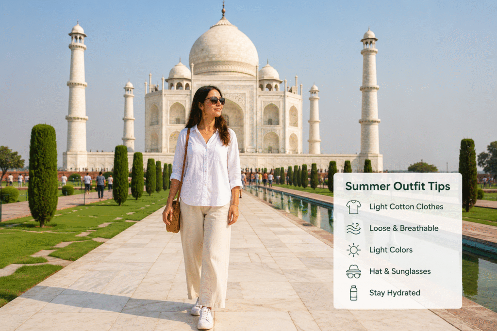 Taj Mahal dress code with light summer clothing in Agra