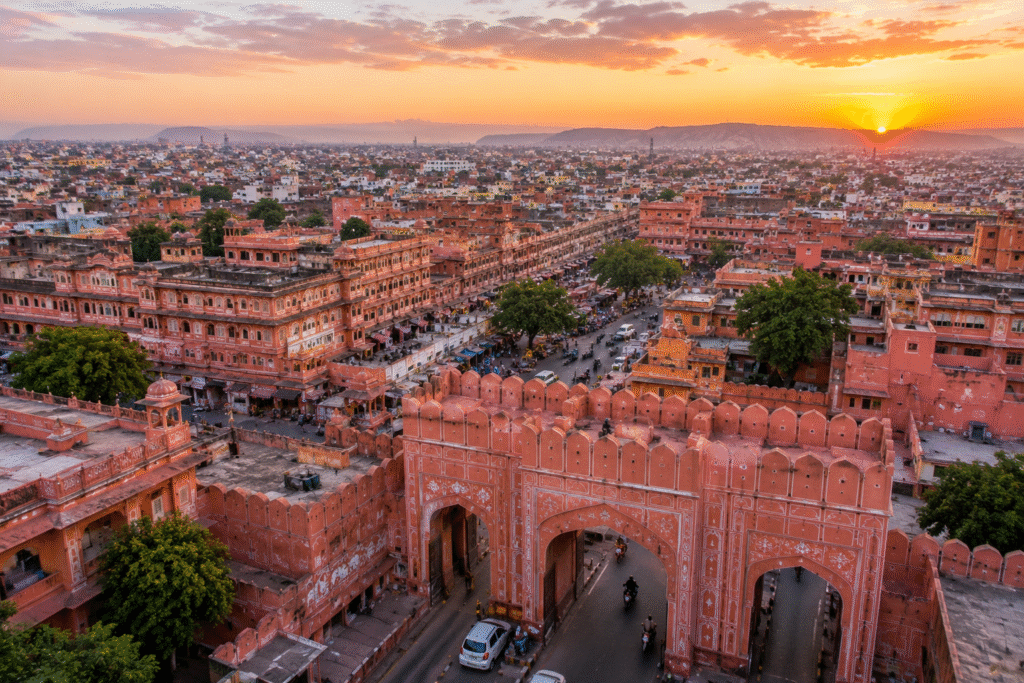 Aerial view of the pink city of Jaipur with historic pink gates and vibrant streets among top Jaipur attractions