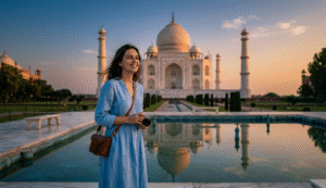 A professional graphic showing the Golden Triangle tour route in India, connecting Delhi, Jaipur, and the marble Taj Mahal, highlighting key taj mahal facts and regional architecture.