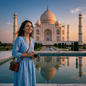 A professional graphic showing the Golden Triangle tour route in India, connecting Delhi, Jaipur, and the marble Taj Mahal, highlighting key taj mahal facts and regional architecture.