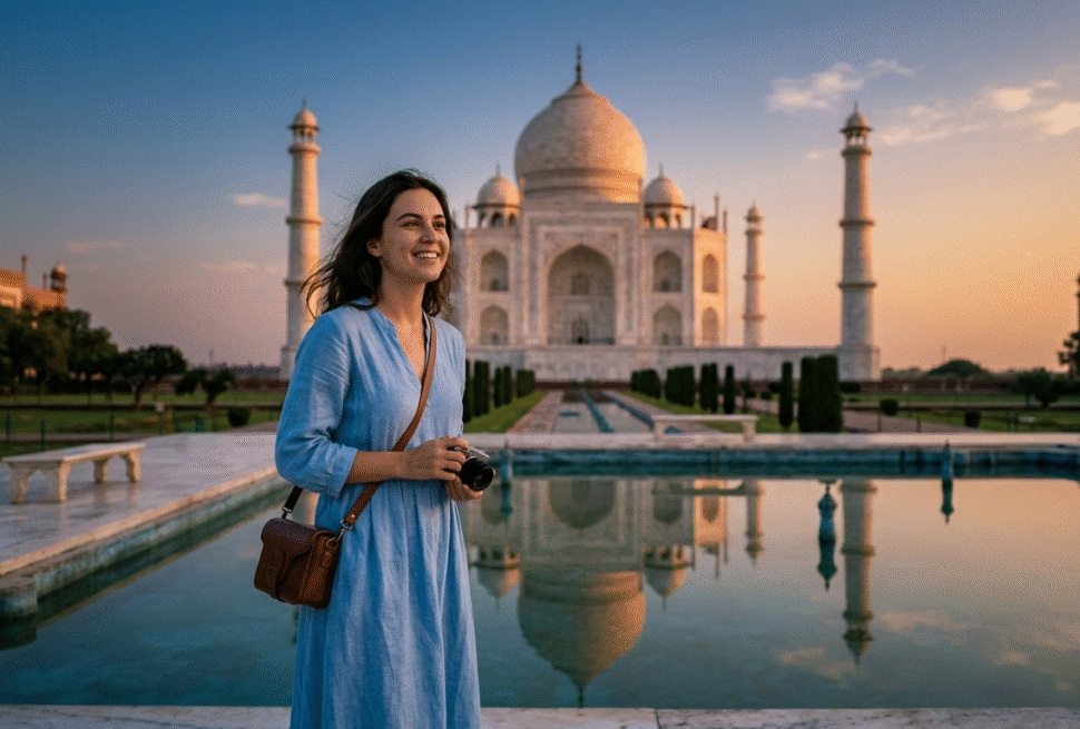A professional graphic showing the Golden Triangle tour route in India, connecting Delhi, Jaipur, and the marble Taj Mahal, highlighting key taj mahal facts and regional architecture.