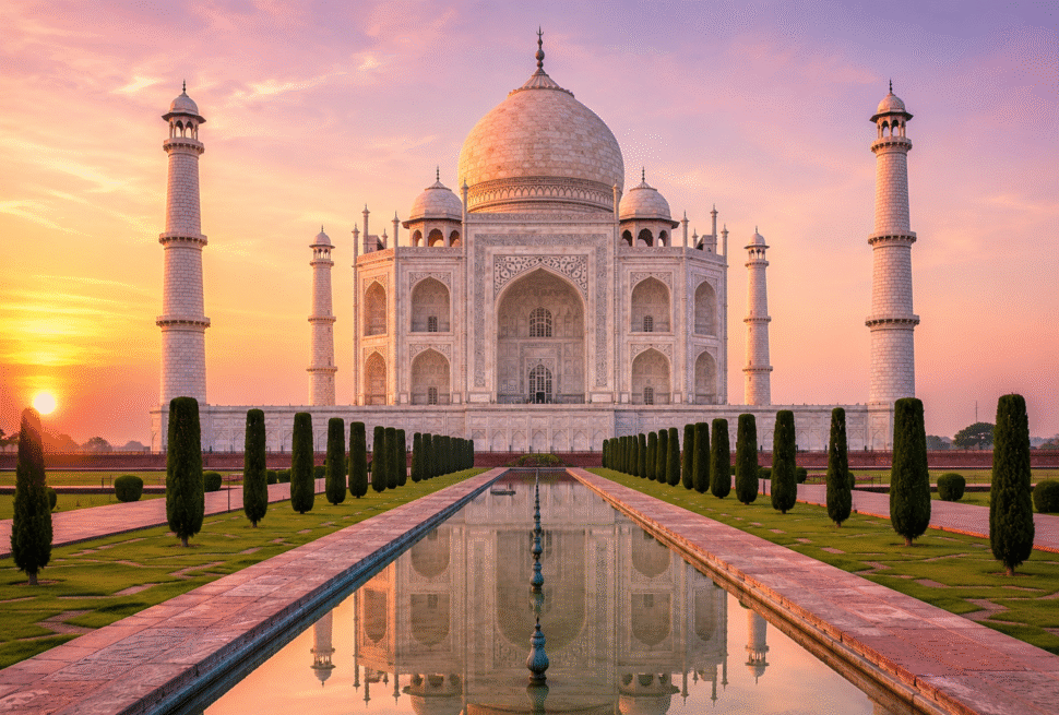 Taj Mahal changing colors at sunrise during luxury India tour