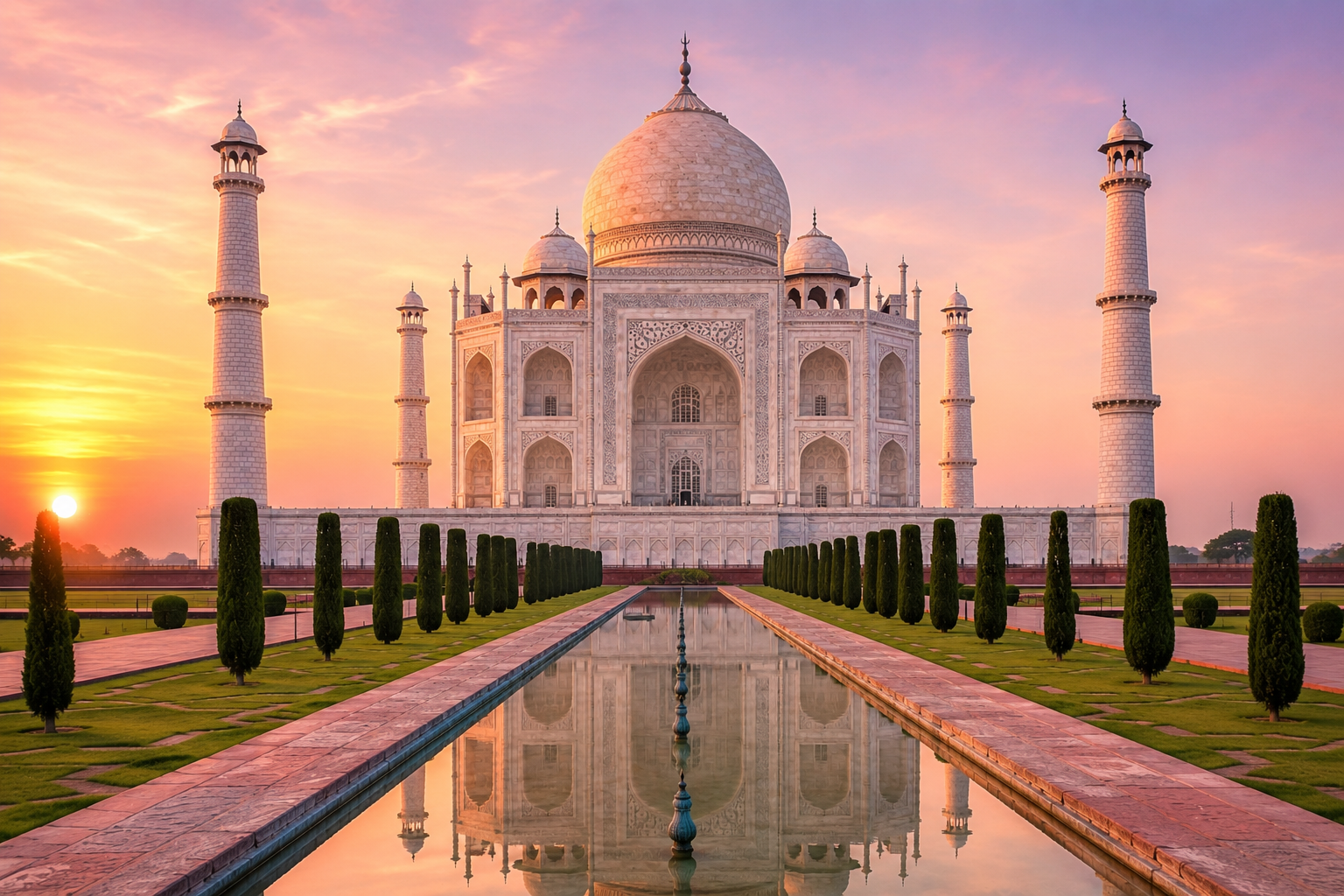 Taj Mahal changing colors at sunrise during luxury India tour