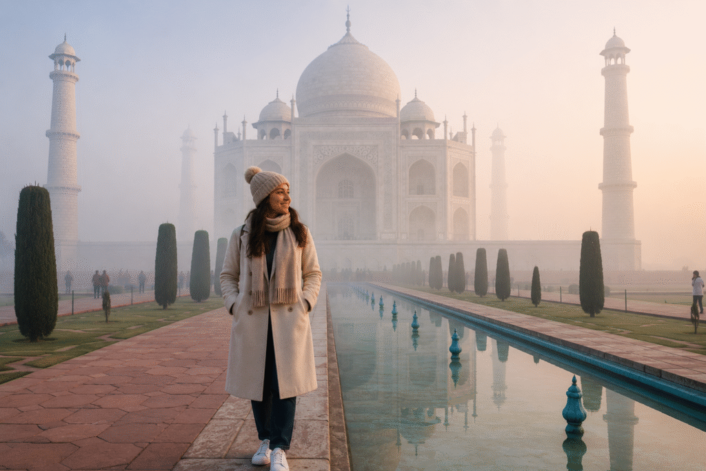 Best outfit for Taj Mahal photos during winter morning