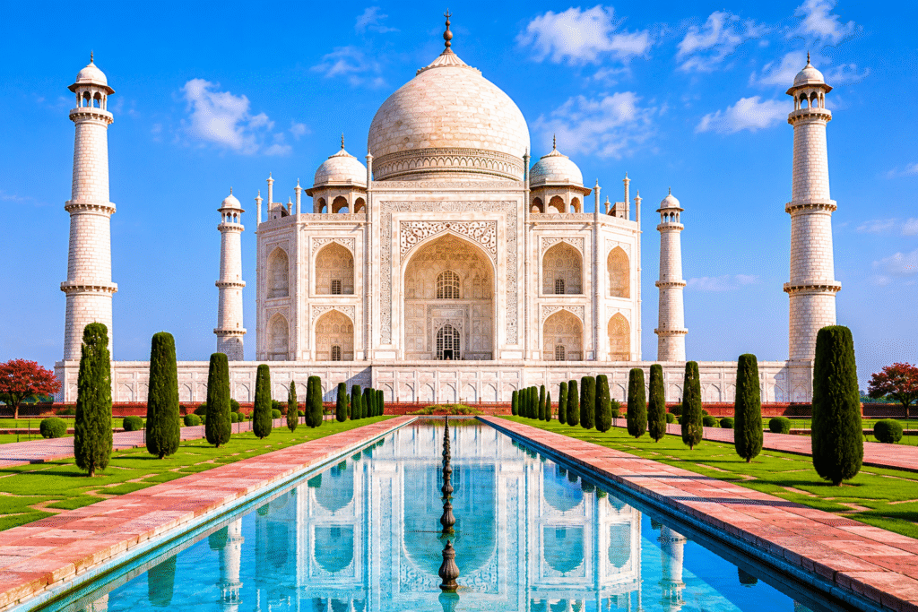 Bright white Taj Mahal during customized cultural journey
