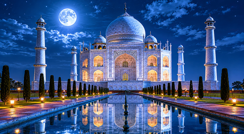 Moonlight view of Taj Mahal with luxury heritage travel