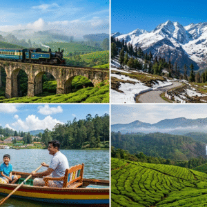 A four-panel collage showcasing diverse Indian travel destinations: a heritage toy train on a stone bridge, snow-capped Himalayan mountain peaks, a family enjoying a boat ride on a serene hill station lake, and lush green tea plantations in the Western Ghats.